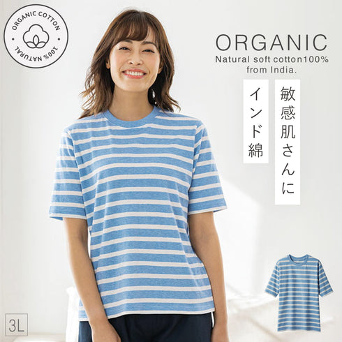インド綿オーガニックコットン 五分袖Tシャツ ボーダー